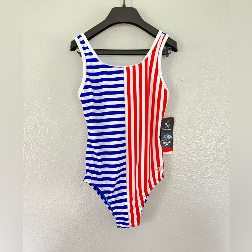 New Speedo Kid Girl Striped One - Piece Swimsuit Size: 16